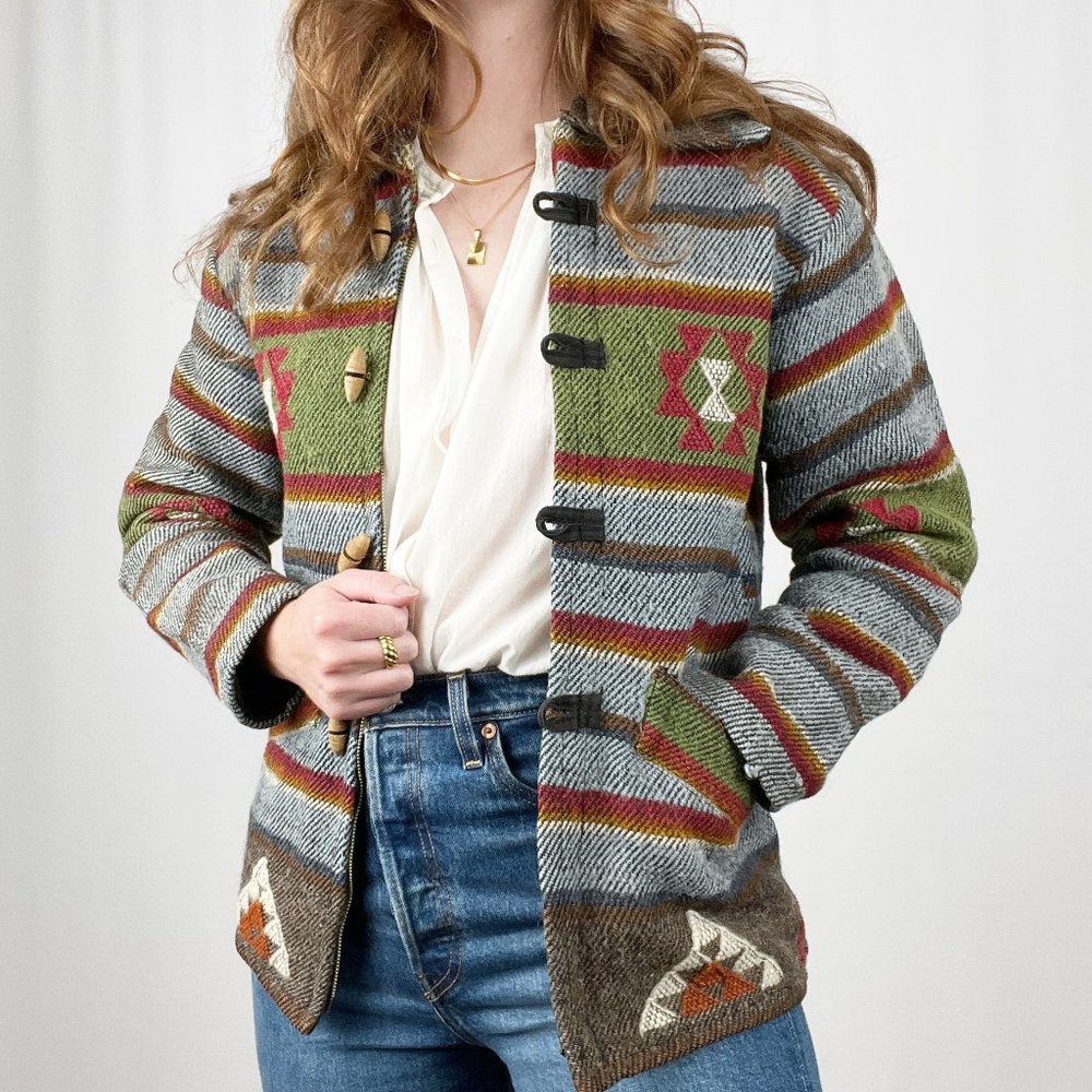 Vintage Western Bohemian Jacket Duffle Wood Toggle Coat Boho Aztec Boho Handmade - Picture 7 of 7